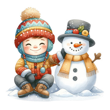 Watercolor Cute Kid in Winter Season. Boy with a Snowman Clipart. Winter Season Concept. Watercolor Cozy Kid in Winter Season Illustration.
