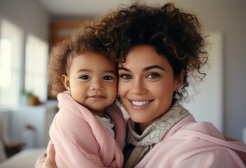 woman holds her young daughter in their arms parenting - obrazy, fototapety, plakaty