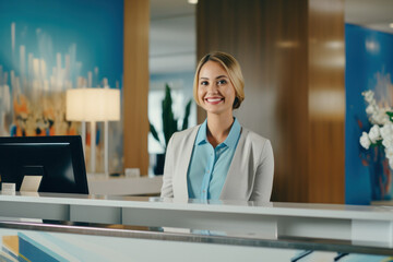 Professional receptionist greeting with a warm smile at a modern hotel desk, showcasing excellent customer service and a welcoming atmosphere - obrazy, fototapety, plakaty
