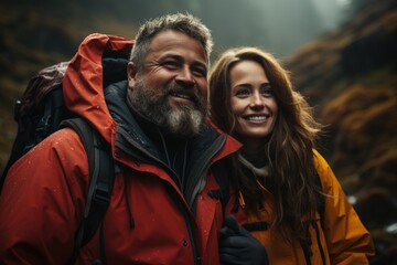 Joyful Mountain Adventure. A smiling, bearded man and a woman in vibrant outdoor gear embody adventure, happiness, and companionship in the wild.