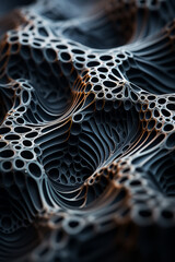 Close-up of intricate black and white spiral patterns with copper outlines, abstract design.