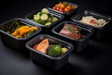 Assorted healthy meal prep containers with a variety of proteins and vegetables, perfect for balanced diet and portion control - obrazy, fototapety, plakaty