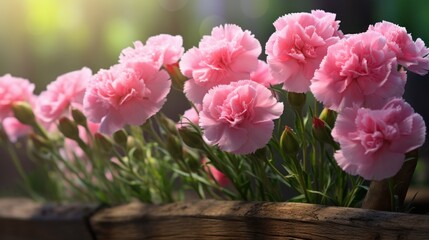  a group of pink carnations in a wooden planter on a sunny day with a blurry background.