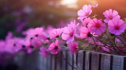  a bunch of pink flowers sitting on top of a wooden fence next to a field of purple and pink flowers.