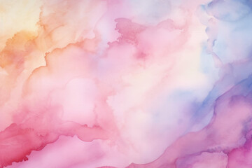 Fototapeta premium Soft watercolor background with pink, yellow, and blue hues blending into a dreamy pastel cloud effect.