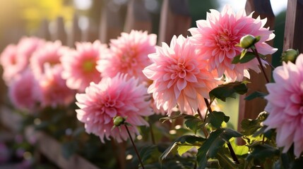 Fototapeta premium a bunch of pink flowers that are in a planter next to a wooden fence with a fence in the background.