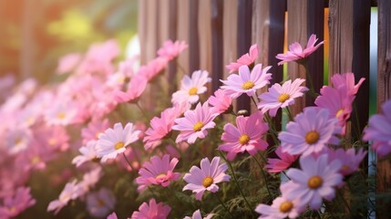  a bunch of pink and white flowers next to a wooden fence and a wooden fence with a wooden slatted fence in the background.