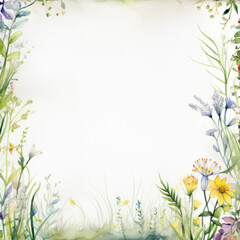 Watercolor floral border with blue flowers and wheat on a white center and light blue wash background.