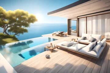 Relaxing summer, Sunbathing deck and private swimming pool with near beach and panoramic sea view at luxury house /3d rendering - obrazy, fototapety, plakaty
