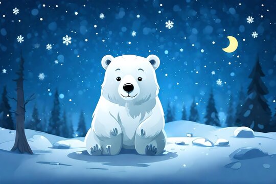 oso polar pequeño de dibujos animados blanco en pie sobre suelo nevado en la noche, con fondo azul nevand