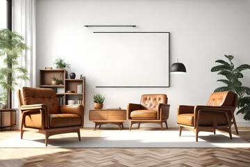 Modern mid century interior of living room ,leather armchairs wood cabinet on white wall and wood floor ,3d render