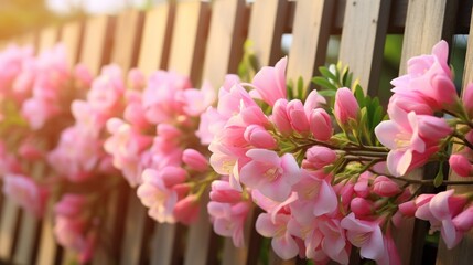  a bunch of pink flowers growing on the side of a wooden fence in front of a wooden slatted fence. - obrazy, fototapety, plakaty
