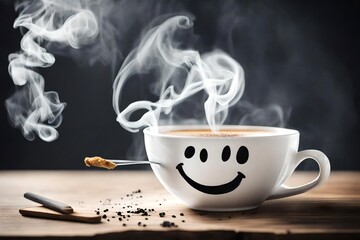 taza de desayuno blanca saliendo humo con dibujo de cara sonriente , sobre mesa y fondo desenfocado