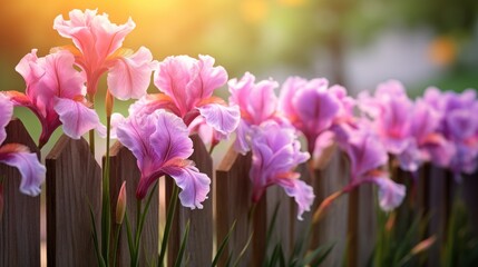  a row of pink and purple flowers in front of a wooden fence with the sun shining through the trees in the background.