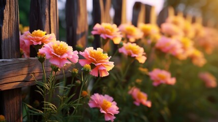  a bunch of pink and yellow flowers in front of a wooden fence and a field of yellow and pink flowers.