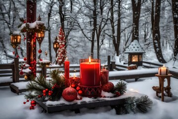 vela de navidad morada sobre soporte gris en la nieve junto a decoración navideña y fondo de bosque nocturno desenfocado