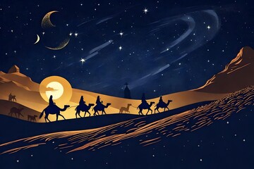 fondo dibujado con siluetas de los reyes magos de oriente sobre sus camellos cabalgando por el desierto en una noche con el cielo estrellado - obrazy, fototapety, plakaty