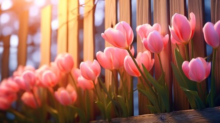  a row of pink tulips in front of a wooden fence with a wooden slatted fence in the background.