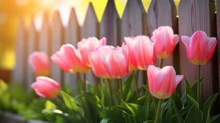 Fototapeta premium a group of pink tulips in front of a wooden fence with the sun shining on the fence behind them.
