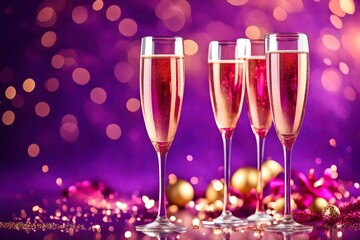 dos copas con champán rosa para brindar en año nuevo, San Valentin o aniversario, sobre fondo morado y dorado desenfocado - obrazy, fototapety, plakaty