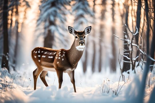 ciervo joven en bosque nevado con fondo de arboles desenfocados en anochecer