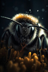 Macro shot of a bumble bee playing at flower created with Generative Ai