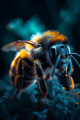 Macro shot of a bumble bee playing at flower created with Generative Ai