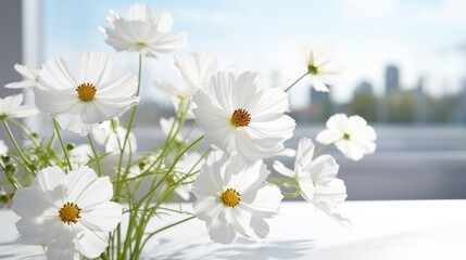  a vase filled with white daisies on top of a white counter top in front of a cityscape.