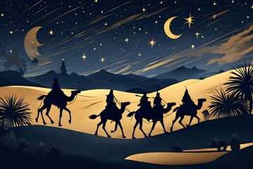 fondo dibujado con siluetas de los reyes magos de oriente sobre sus camellos cabalgando por el desierto en una noche con el cielo estrellado