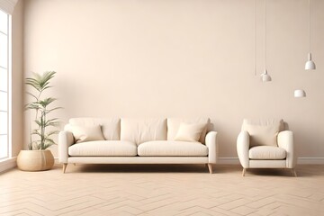 Modern minimalist interior with Light Cream sofa and armchair on wood floor,cream color wall paint mockup,3d rendering  - obrazy, fototapety, plakaty