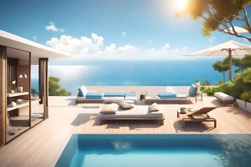 Fototapeta na wymiar Relaxing summer, Sunbathing deck and private swimming pool with near beach and panoramic sea view at luxury house /3d rendering