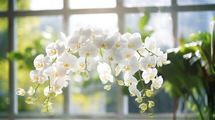  a bunch of white flowers in a vase on a table in front of a window with sunlight coming through the window panes.