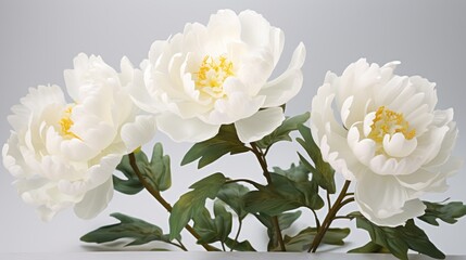  a group of white flowers sitting on top of a white counter top next to a green leafy plant in front of a gray background.