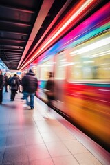 Colorful blur of people descending from a subway train onto the platform,  vibrancy of urban life