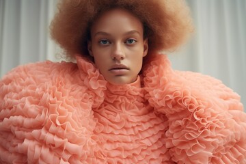 A Woman with a Large Afro in Peach Fuzz color Dress Created With Generative AI Technology - 695614878