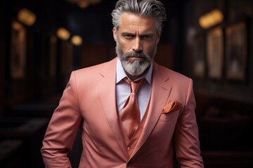 A Stylish Man in a Peach Fuzz color Suit Posing  Created With Generative AI Technology - 695615005