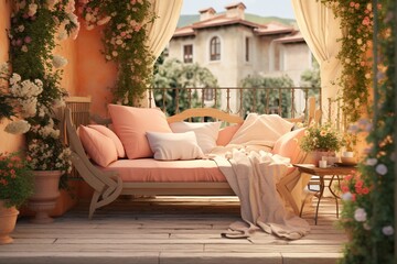A Cozy balcony in peach fuzz color.Couch Surrounded by Greenery Created With Generative AI Technology - 695615024
