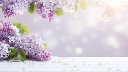  a close up of a bunch of lilacs on a table with a white tablecloth and a purple background.