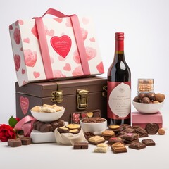 Valentine's Day gift hamper, brimming with a variety of handpicked chocolates and gourmet cookies, thoughtfully arranged and showcased against a clean white background.