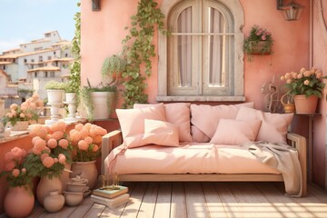 A Cozy balcony in peach fuzz color.Couch Surrounded by Greenery Created With Generative AI Technology - 695615086