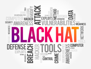 Black Hat is a hacker who violates computer security for their own personal profit or out of malice, word cloud concept background