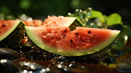  a group of slices of watermelon sitting on top of a wooden table next to a leafy green plant.