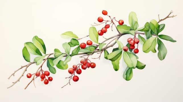  a branch of a tree with red berries and green leaves, painted in watercolor on a white paper background.