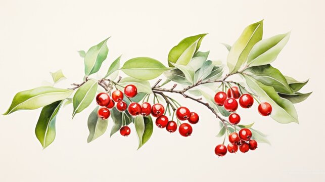  a painting of a branch with red berries and green leaves, on a white background, with a white wall in the background.