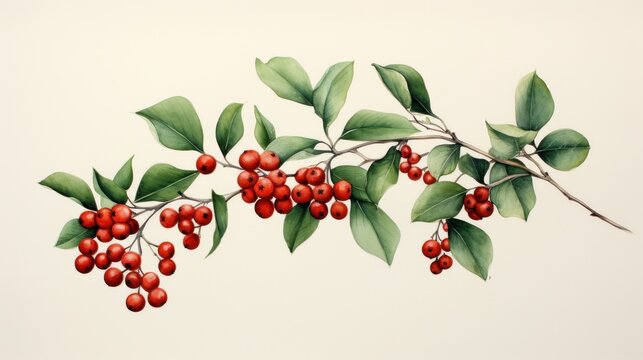  a painting of berries on a branch with green leaves and red berries on a branch with green leaves and red berries on a branch with green leaves.