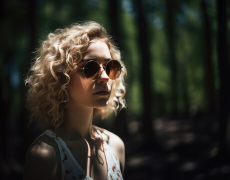 Beautiful young woman closeup portrait, wearing sunglasses and blonde curly hair in summer forest with copy space on blurred trees and green nature in the background