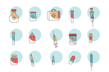 Medical outline vector icon, medicine doodle line set. Modern hand drawn first aid kit, syringe, stethoscope, vial, pills, vaccine on colorful banner. Healthcare illustration