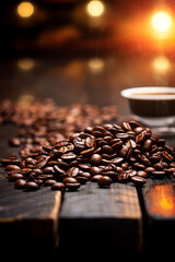 coffee beans scattered on a wooden table with nice bokeh