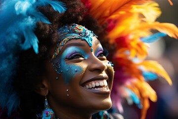 Gorgeous Brazilian Woman in Colorful Carnival Costume at Festive Street Procession in the City