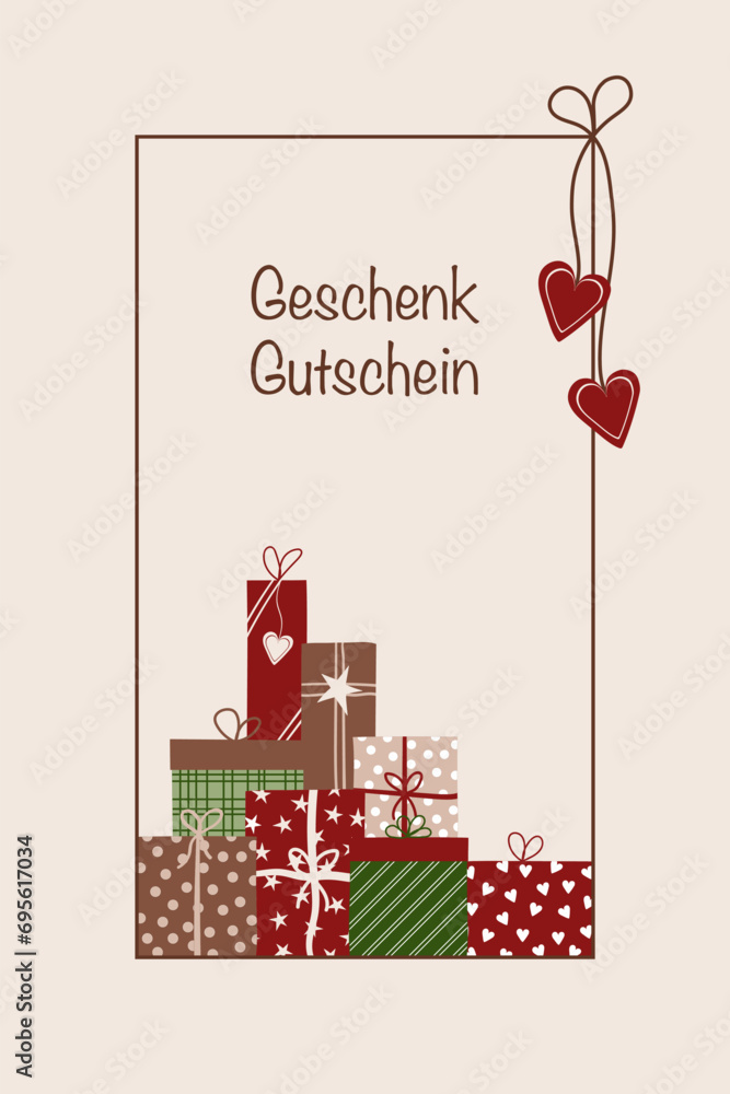 Sticker geschenkgutschein - schriftzug in deutscher sprache. gutscheinkarte mit bunten geschenkpäckchen.